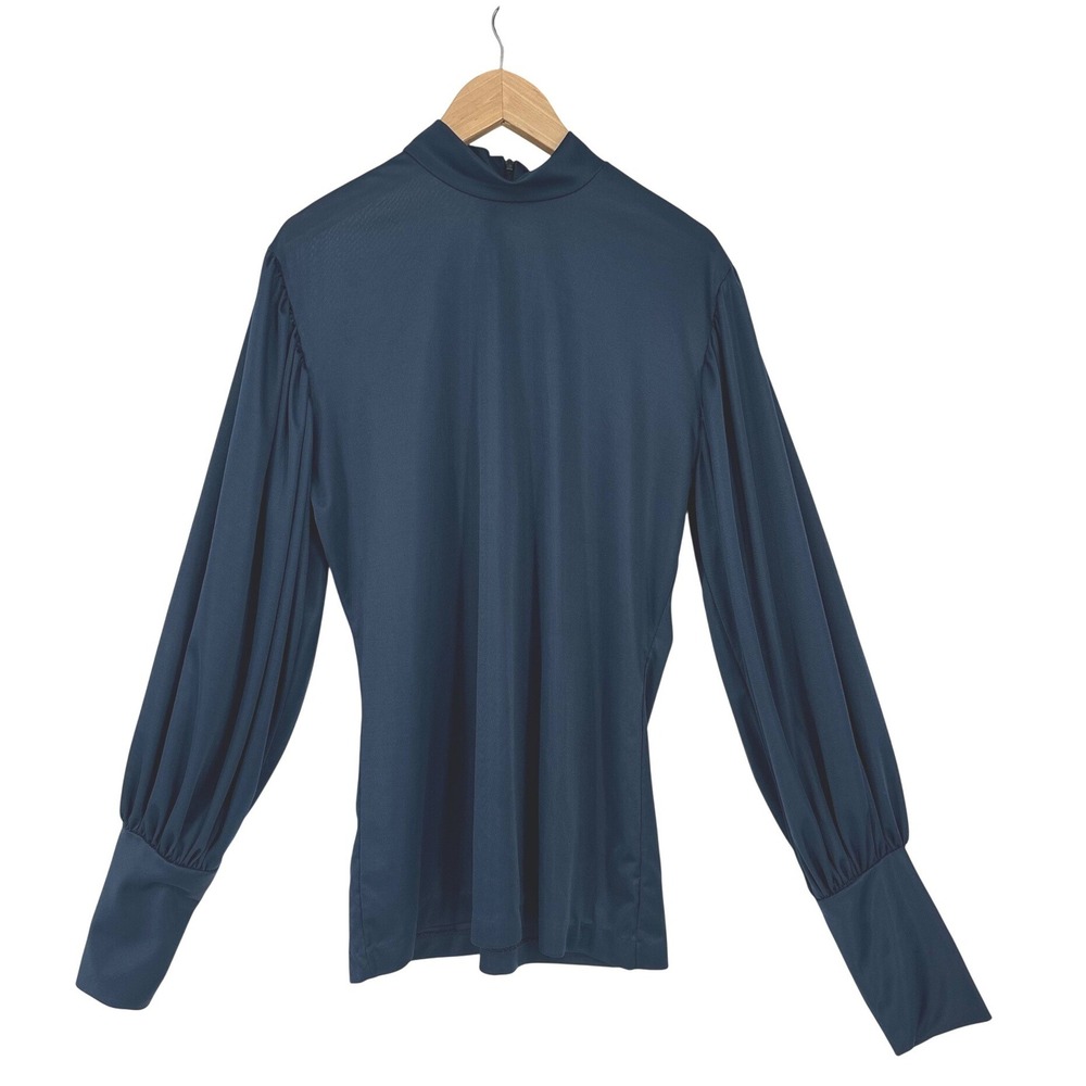 VTG California West-Set Top Women L Navy Blue Mock Neck Balloon Sleeve Secretary